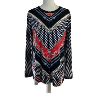 Dana Buchman Button Up Silky Cardigan Polka Dot Gold Buttons Navy White Tan